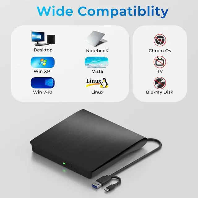 Alt view image 7 of 7 - mthstec External DVD Drive, USB 3.0 Type-C Portable CD Burner, CD ROM +/-RW External CD Player, External CD DVD Drive for Laptop Desktop PC Mac Windows Linux (Black)