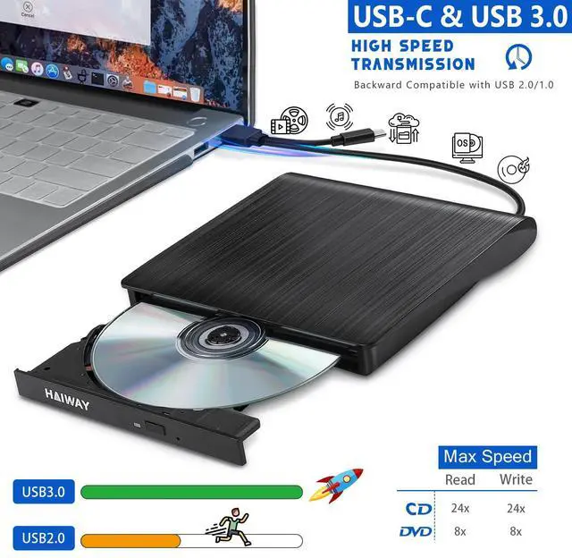 Alt view image 2 of 7 - _Mega B External DVD Drive, USB 3.0 Type-C CD Burner Portable CD DVD +/-RW Optical Drive Slim CD DVD ROM Rewriter CD/DVD Player Writer Reader for Laptop Desktop MacBook PC Windows Linux Mac OS (Black)