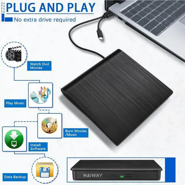 Alt view image 3 of 7 - _Mega B External DVD Drive, USB 3.0 Type-C CD Burner Portable CD DVD +/-RW Optical Drive Slim CD DVD ROM Rewriter CD/DVD Player Writer Reader for Laptop Desktop MacBook PC Windows Linux Mac OS (Black)