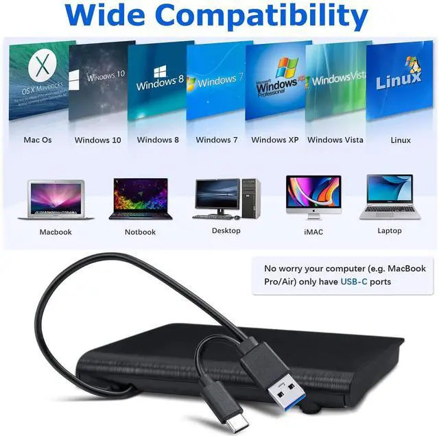 Alt view image 5 of 7 - _Mega B External DVD Drive, USB 3.0 Type-C CD Burner Portable CD DVD +/-RW Optical Drive Slim CD DVD ROM Rewriter CD/DVD Player Writer Reader for Laptop Desktop MacBook PC Windows Linux Mac OS (Black)