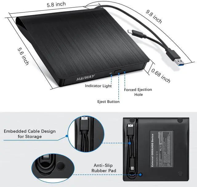 Alt view image 6 of 7 - _Mega B External DVD Drive, USB 3.0 Type-C CD Burner Portable CD DVD +/-RW Optical Drive Slim CD DVD ROM Rewriter CD/DVD Player Writer Reader for Laptop Desktop MacBook PC Windows Linux Mac OS (Black)