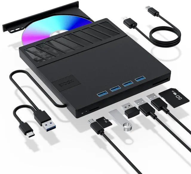 Main image of External CD/DVD Drive for Laptop  7-in-1USB Portable CD/DVD Player Burner, High-Speed External Disk Drive with SD/TF Card Reader, 4 USB 3.0 Ports, Compatible with Windows 11/10, Linux, Mac (7 IN 1)