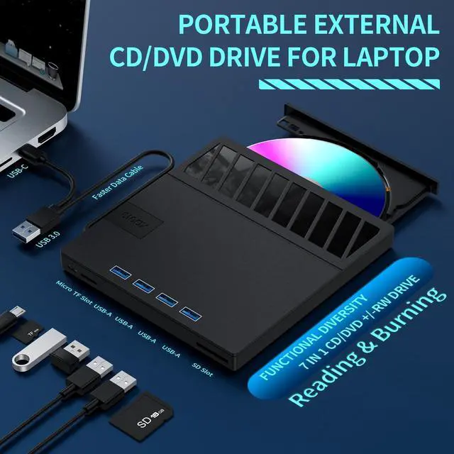 Alt view image 2 of 7 - External CD/DVD Drive for Laptop  7-in-1USB Portable CD/DVD Player Burner, High-Speed External Disk Drive with SD/TF Card Reader, 4 USB 3.0 Ports, Compatible with Windows 11/10, Linux, Mac (7 IN 1)