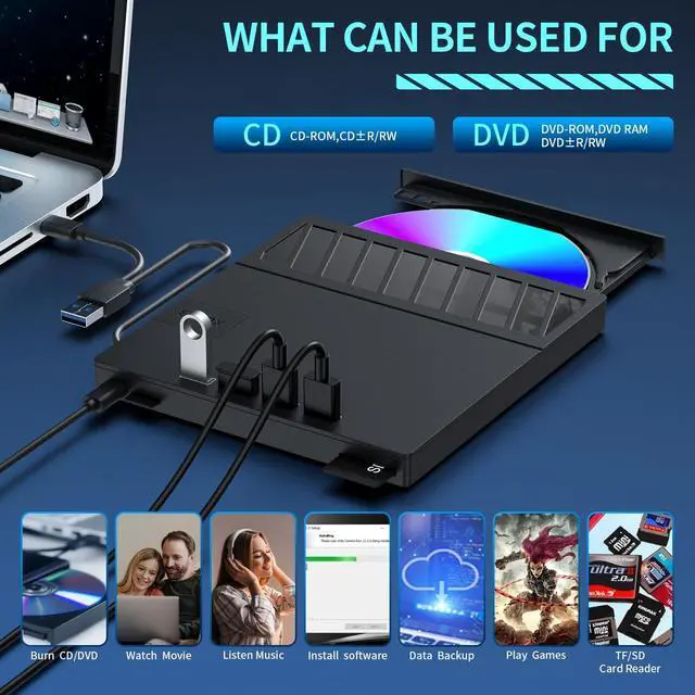 Alt view image 4 of 7 - External CD/DVD Drive for Laptop  7-in-1USB Portable CD/DVD Player Burner, High-Speed External Disk Drive with SD/TF Card Reader, 4 USB 3.0 Ports, Compatible with Windows 11/10, Linux, Mac (7 IN 1)