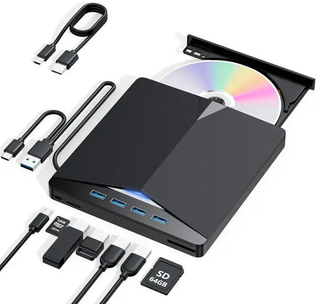 Main image of External CD/DVD Drive for Laptop, 7-in-1 DVD Player for Laptop USB 3.0 Portable Burner with SD/TF Card Reader & 4-Port USB Hub, Compatible with Windows, Mac OS, Linux (7 in 1)