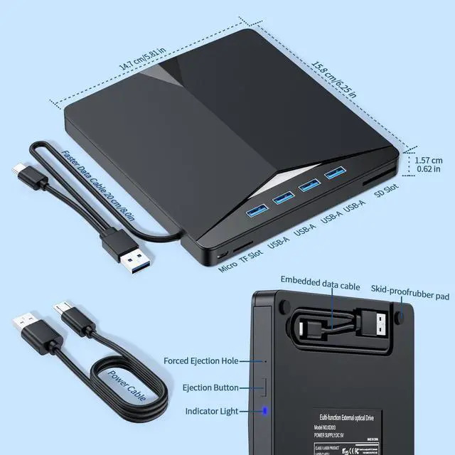 Alt view image 7 of 7 - External CD/DVD Drive for Laptop, 7-in-1 DVD Player for Laptop USB 3.0 Portable Burner with SD/TF Card Reader & 4-Port USB Hub, Compatible with Windows, Mac OS, Linux (7 in 1)