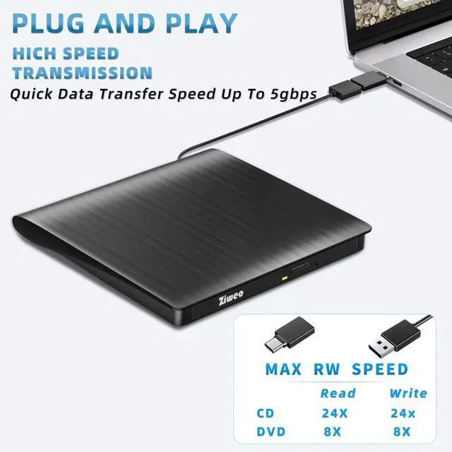 Alt view image 3 of 7 - External DVD Drive USB 3.0 Type-C CD Burner Portable CD +/-RW Drive DVD Player for ROM Rewriter Burner Compatible with Laptop Desktop PC Windows MacBook Linux Mac OS