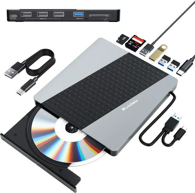 Main image of SUIDEK External CD DVD Drive, USB 3.0 USB C Portable CD DVD +/-RW Burner DVD Player for Laptop with SD/Micro SD Card Reader 8 in 1 Hub Compatible with Laptop Mac PC Windows Linux