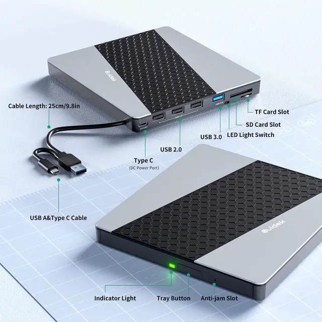Alt view image 2 of 7 - SUIDEK External CD DVD Drive, USB 3.0 USB C Portable CD DVD +/-RW Burner DVD Player for Laptop with SD/Micro SD Card Reader 8 in 1 Hub Compatible with Laptop Mac PC Windows Linux