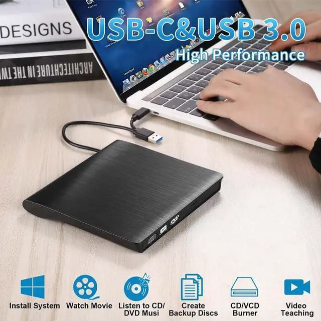 Alt view image 2 of 7 - Acgryptical External DVD Optical Drive USB3.0 Writer USB-C External CD/DVD cd-r/cd-ROM Optical Drive for Laptop/Desktop/MacBook MAC/Windows 10/8/7 & MAC OS