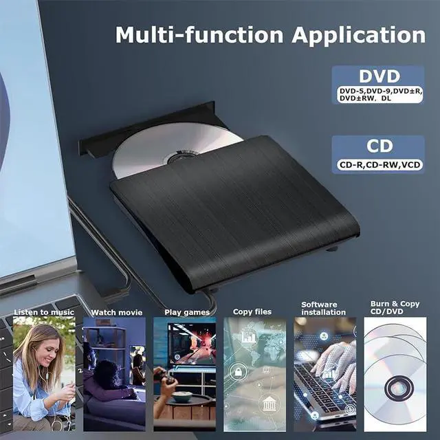 Alt view image 4 of 7 - Acgryptical External DVD Optical Drive USB3.0 Writer USB-C External CD/DVD cd-r/cd-ROM Optical Drive for Laptop/Desktop/MacBook MAC/Windows 10/8/7 & MAC OS