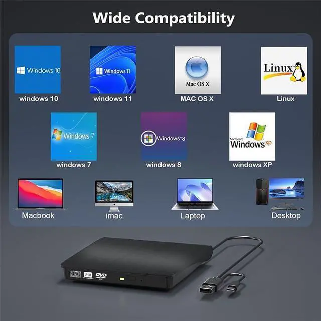 Alt view image 6 of 7 - Acgryptical External DVD Optical Drive USB3.0 Writer USB-C External CD/DVD cd-r/cd-ROM Optical Drive for Laptop/Desktop/MacBook MAC/Windows 10/8/7 & MAC OS