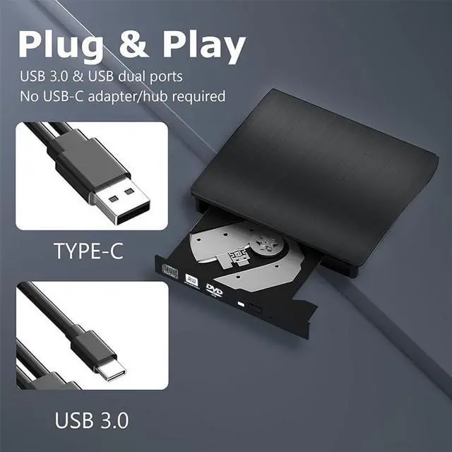 Alt view image 5 of 7 - Acgryptical External DVD Optical Drive USB3.0 Writer USB-C External CD/DVD cd-r/cd-ROM Optical Drive for Laptop/Desktop/MacBook MAC/Windows 10/8/7 & MAC OS