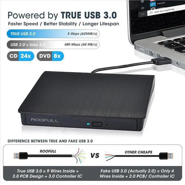 Alt view image 2 of 7 - ROOFULL Premium External CD/DVD Drive for Laptop USB 3.0 CD DVD Reader Writer Burner Player Adapter ROM +/-RW Optical Disk Drive Portable for Windows 11/10 Mac MacBook Linux Computer Desktop PC