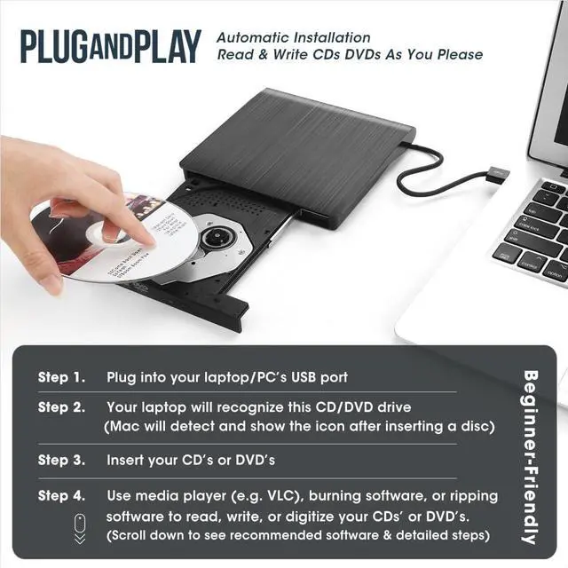 Alt view image 5 of 7 - ROOFULL Premium External CD/DVD Drive for Laptop USB 3.0 CD DVD Reader Writer Burner Player Adapter ROM +/-RW Optical Disk Drive Portable for Windows 11/10 Mac MacBook Linux Computer Desktop PC