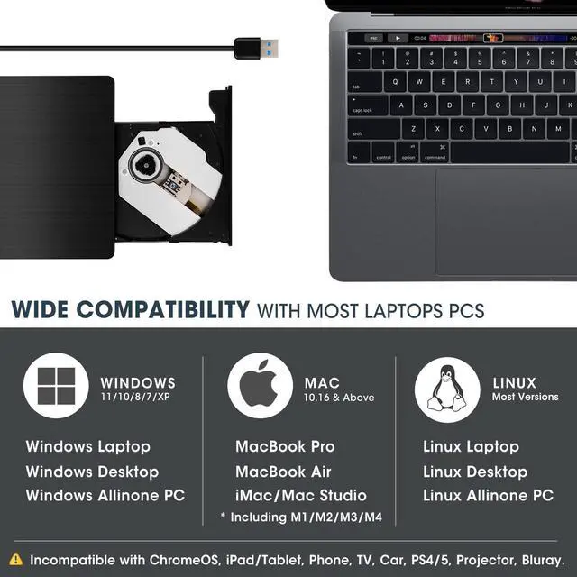 Alt view image 4 of 7 - ROOFULL Premium External CD/DVD Drive for Laptop USB 3.0 CD DVD Reader Writer Burner Player Adapter ROM +/-RW Optical Disk Drive Portable for Windows 11/10 Mac MacBook Linux Computer Desktop PC