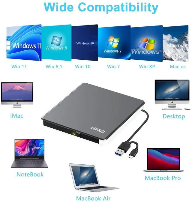 Alt view image 7 of 7 - External DVD Drive, USB C Superdrive for Apple USB 3.0 DVD Burner Reader for Mac, Portable CD +/-RW Drive External DVD Player for Laptop MacBook Windows 11 10 PC Linux OS