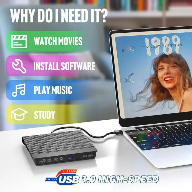 Alt view image 4 of 7 - KEHIPI External DVD Drive, Portable USB 3.0 CD RW Drive with Carrying Case, DVD Player for Rewriter, DVD Burner for Laptop, Desktop (2-in-1 (Cable in one))