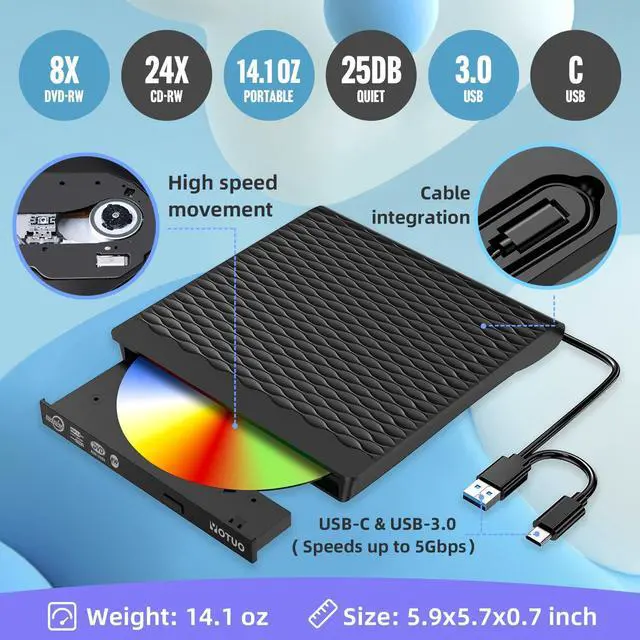 Alt view image 3 of 7 - KEHIPI External DVD Drive, Portable USB 3.0 CD +/-RW Drive DVD Player for ROM Rewriter Burner for Laptop Desktop, Compatible with Windows 7/8/10/11 Mac MacBook Pro/Air (Dual Sockets in One)