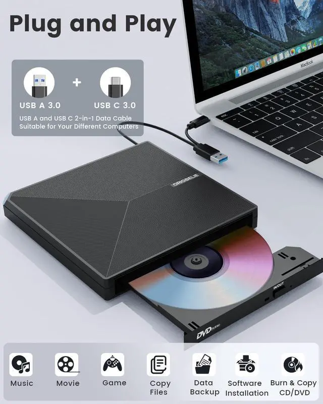 Alt view image 2 of 7 - ORIGBELIE External CD DVD +/-RW Drive USB 3.0 Type C Portable CD/DVD Player Burner Reader Writer Optical CD ROM Disk Drive for Laptop Desktop PC iMac MacBook Pro/Air Windows 11/10/8/7/XP Linux Mac OS