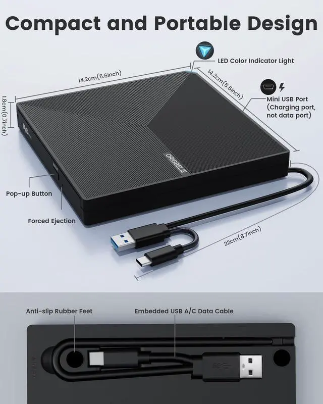Alt view image 6 of 7 - ORIGBELIE External CD DVD +/-RW Drive USB 3.0 Type C Portable CD/DVD Player Burner Reader Writer Optical CD ROM Disk Drive for Laptop Desktop PC iMac MacBook Pro/Air Windows 11/10/8/7/XP Linux Mac OS