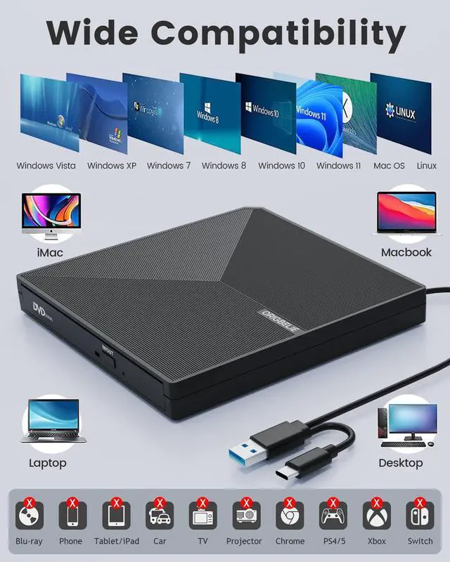 Alt view image 4 of 7 - ORIGBELIE External CD DVD +/-RW Drive USB 3.0 Type C Portable CD/DVD Player Burner Reader Writer Optical CD ROM Disk Drive for Laptop Desktop PC iMac MacBook Pro/Air Windows 11/10/8/7/XP Linux Mac OS
