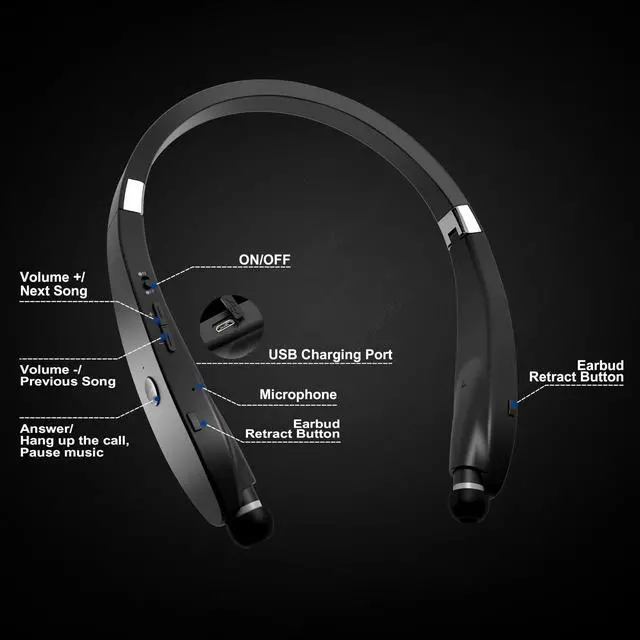 Alt view image 2 of 7 - Bluetooth Neckband Headphones, Foldable Wireless Lightweight Neck Headset with Retractable Earbuds, Noise Cancelling Sweatproof Stereo Earphones with Mic & Carrying Case (Black)
