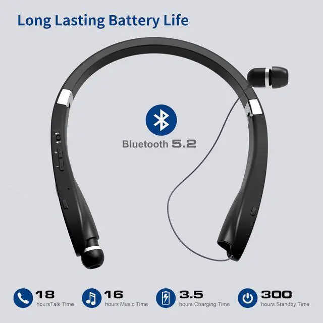 Alt view image 3 of 7 - Bluetooth Neckband Headphones, Foldable Wireless Lightweight Neck Headset with Retractable Earbuds, Noise Cancelling Sweatproof Stereo Earphones with Mic & Carrying Case (Black)
