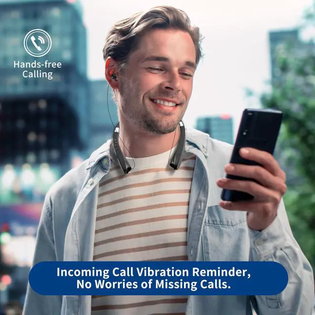 Alt view image 5 of 7 - Bluetooth Neckband Headphones, Foldable Wireless Lightweight Neck Headset with Retractable Earbuds, Noise Cancelling Sweatproof Stereo Earphones with Mic & Carrying Case (Black)