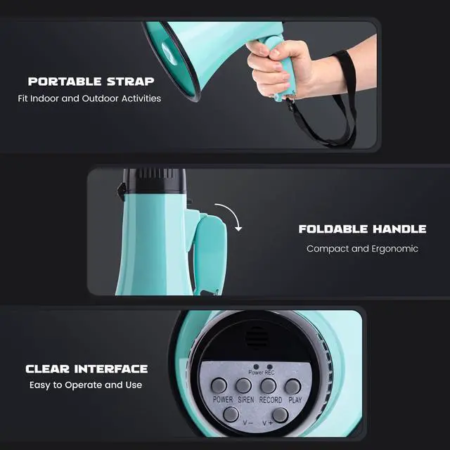 Alt view image 2 of 6 - MyMealivos Portable Megaphone Bullhorn 20 Watt Power Megaphone Speaker Voice and Siren/Alarm Modes with Volume Control and Strap (Teal)