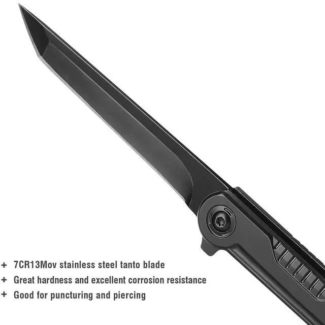 Alt view image 2 of 7 - FUNBRO EDC Pocket Knife - 7CR13Mov Steel Tanto Blade, Slim Survival Knife with Clip and Liner Lock, Window Breaker - For Outdoor Camping