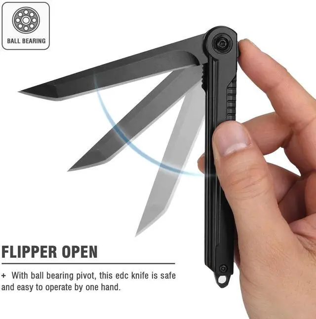 Alt view image 4 of 7 - FUNBRO EDC Pocket Knife - 7CR13Mov Steel Tanto Blade, Slim Survival Knife with Clip and Liner Lock, Window Breaker - For Outdoor Camping