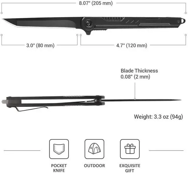Alt view image 6 of 7 - FUNBRO EDC Pocket Knife - 7CR13Mov Steel Tanto Blade, Slim Survival Knife with Clip and Liner Lock, Window Breaker - For Outdoor Camping
