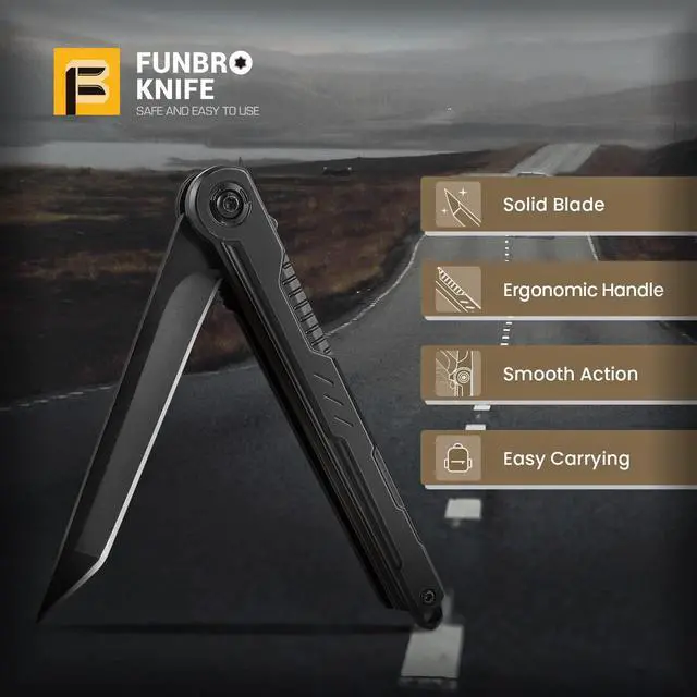 Alt view image 7 of 7 - FUNBRO EDC Pocket Knife - 7CR13Mov Steel Tanto Blade, Slim Survival Knife with Clip and Liner Lock, Window Breaker - For Outdoor Camping