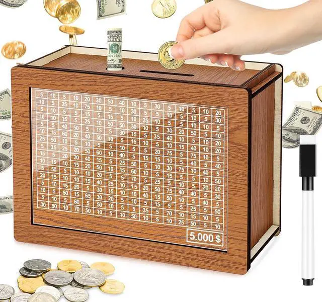 Main image of Kkluno 5000 Kakeibo Money Box, Wooden Money Saving Challenge Box Reusable Savings Box, Cash Vault Box Piggy Bank Smash Box Saver for Adults Kids Boys Girls
