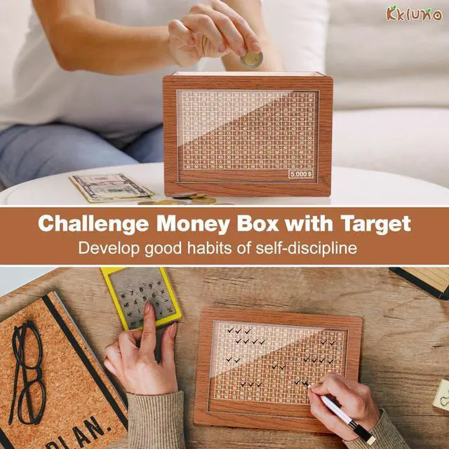 Alt view image 2 of 7 - Kkluno 5000 Kakeibo Money Box, Wooden Money Saving Challenge Box Reusable Savings Box, Cash Vault Box Piggy Bank Smash Box Saver for Adults Kids Boys Girls