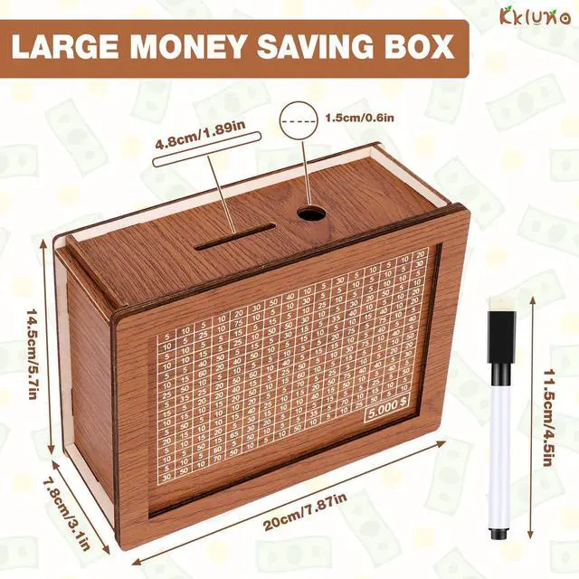 Alt view image 6 of 7 - Kkluno 5000 Kakeibo Money Box, Wooden Money Saving Challenge Box Reusable Savings Box, Cash Vault Box Piggy Bank Smash Box Saver for Adults Kids Boys Girls