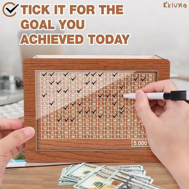 Alt view image 3 of 7 - Kkluno 5000 Kakeibo Money Box, Wooden Money Saving Challenge Box Reusable Savings Box, Cash Vault Box Piggy Bank Smash Box Saver for Adults Kids Boys Girls