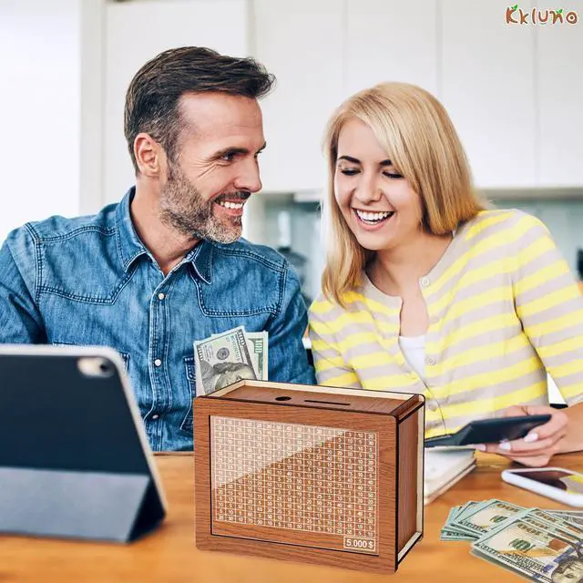 Alt view image 4 of 7 - Kkluno 5000 Kakeibo Money Box, Wooden Money Saving Challenge Box Reusable Savings Box, Cash Vault Box Piggy Bank Smash Box Saver for Adults Kids Boys Girls