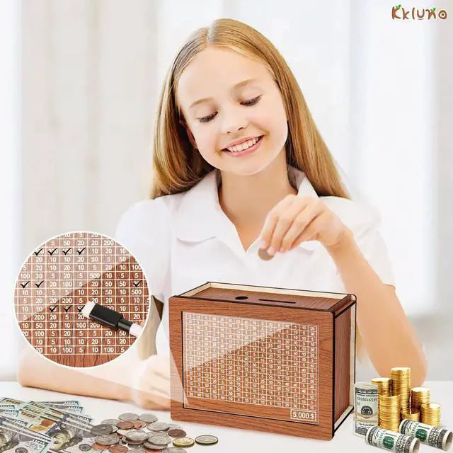 Alt view image 5 of 7 - Kkluno 5000 Kakeibo Money Box, Wooden Money Saving Challenge Box Reusable Savings Box, Cash Vault Box Piggy Bank Smash Box Saver for Adults Kids Boys Girls