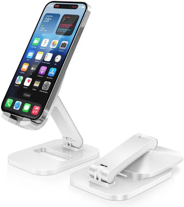 Main image of DeskLogics Cell Phone Stand for Desk Adjustable Portable Foldable Phone Holder Cradle Dock, Compatible with iPhone 15 14 13 Pro Max Mini, 12 11 XR X 8 7 6 Plus SE, All Phones 4 to 7 Inches (White)