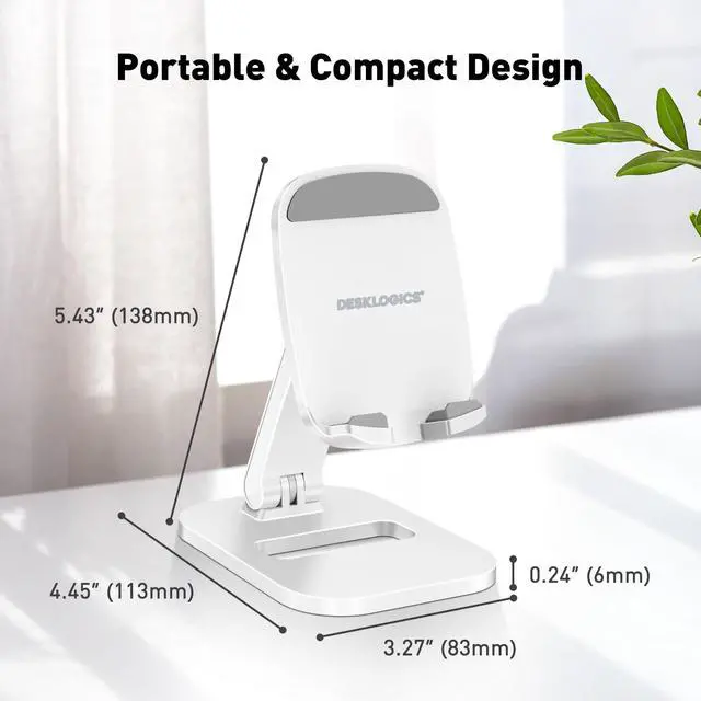 Alt view image 5 of 7 - DeskLogics Cell Phone Stand for Desk Adjustable Portable Foldable Phone Holder Cradle Dock, Compatible with iPhone 15 14 13 Pro Max Mini, 12 11 XR X 8 7 6 Plus SE, All Phones 4 to 7 Inches (White)