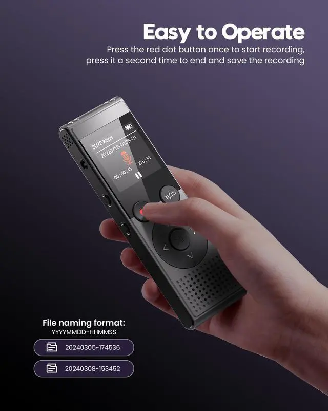 Alt view image 4 of 7 - 128GB Digital Voice Recorder - 3072 Kbps HD Recording Voice Recorder with Playback Dual Microphone A-B Repeat Recording Monitoring & Noise Reduction Voice Activate Recording & lock screen key - QIUOIO