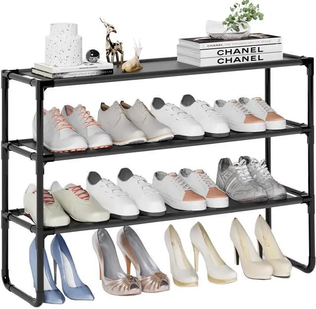 Main image of COAPUKT Long Shoe Rack, 3-Tier Stackable Shoe Organizer for Closet, Entryway, Hallway, Extra Bottom Layer, Holds 16-20 Pairs, Sturdy & Durable Waterproof Fabric Shelf, Space-Saving,Black