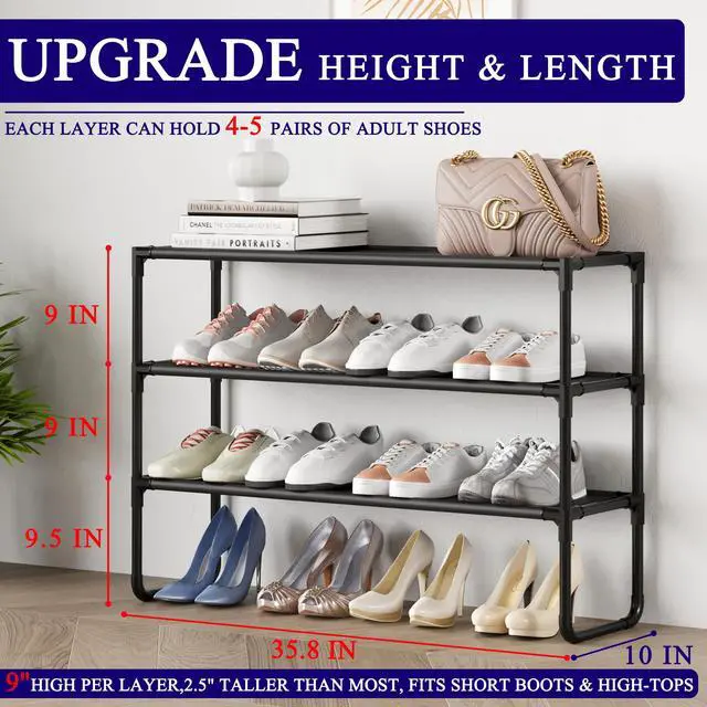 Alt view image 3 of 5 - COAPUKT Long Shoe Rack, 3-Tier Stackable Shoe Organizer for Closet, Entryway, Hallway, Extra Bottom Layer, Holds 16-20 Pairs, Sturdy & Durable Waterproof Fabric Shelf, Space-Saving,Black