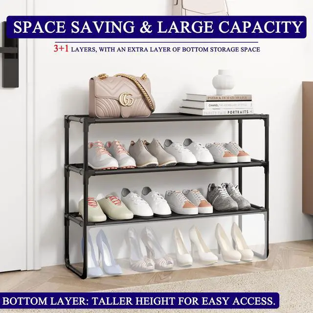 Alt view image 4 of 5 - COAPUKT Long Shoe Rack, 3-Tier Stackable Shoe Organizer for Closet, Entryway, Hallway, Extra Bottom Layer, Holds 16-20 Pairs, Sturdy & Durable Waterproof Fabric Shelf, Space-Saving,Black