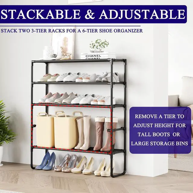 Alt view image 5 of 5 - COAPUKT Long Shoe Rack, 3-Tier Stackable Shoe Organizer for Closet, Entryway, Hallway, Extra Bottom Layer, Holds 16-20 Pairs, Sturdy & Durable Waterproof Fabric Shelf, Space-Saving,Black