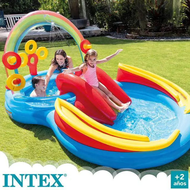 Alt view image 2 of 7 - Intex 57453EP 9.75 Foot x 6.3 Foot x 53 Inch Multicolor Rainbow Slide Kids Inflatable Pool with Water Slide and Ring Toss for Children Ages 2 and Up