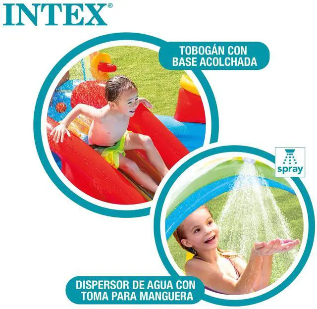 Alt view image 3 of 7 - Intex 57453EP 9.75 Foot x 6.3 Foot x 53 Inch Multicolor Rainbow Slide Kids Inflatable Pool with Water Slide and Ring Toss for Children Ages 2 and Up
