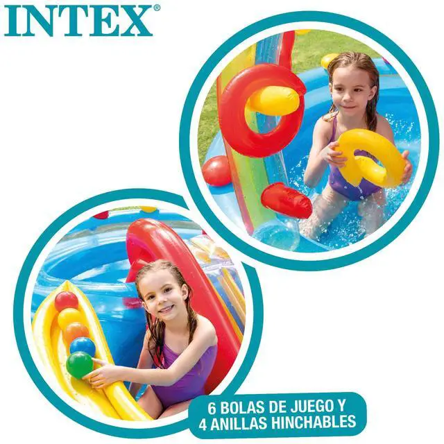 Alt view image 4 of 7 - Intex 57453EP 9.75 Foot x 6.3 Foot x 53 Inch Multicolor Rainbow Slide Kids Inflatable Pool with Water Slide and Ring Toss for Children Ages 2 and Up